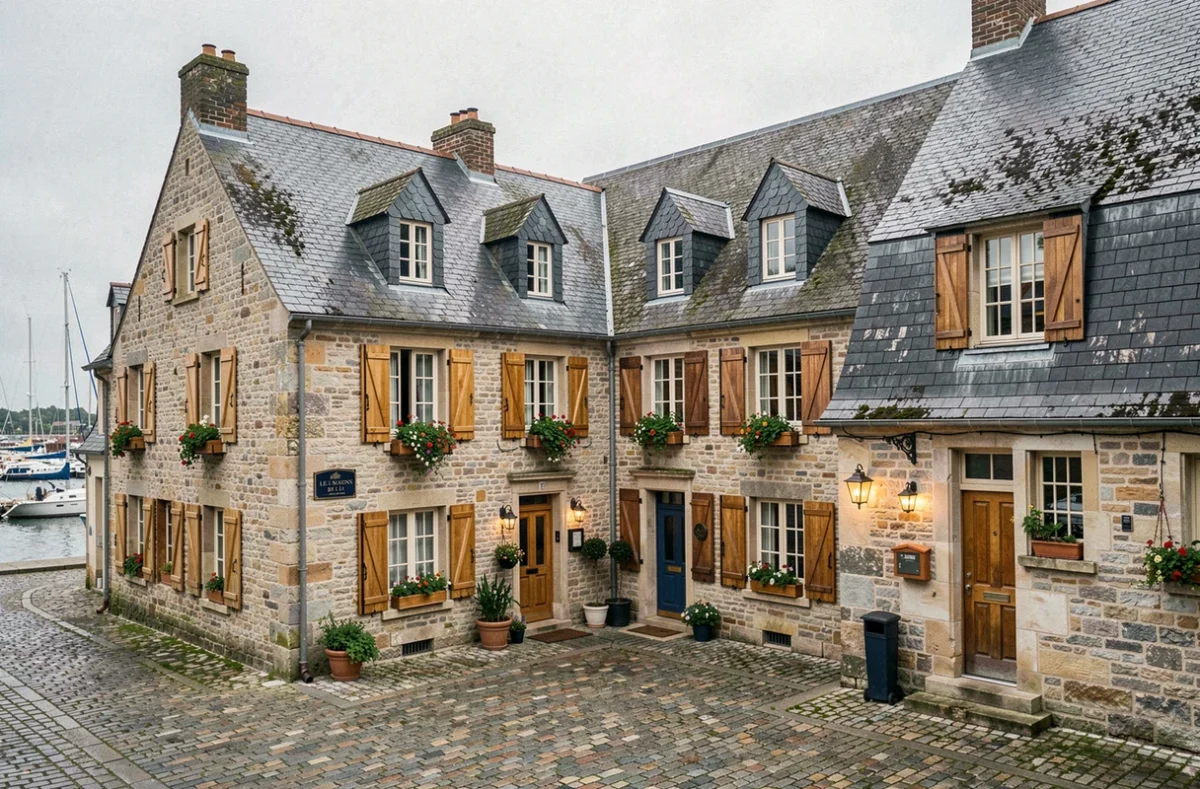 Les maisons normandes en ardoise des Maisons de Léa autour d'une place pavée près du vieux port de Honfleur