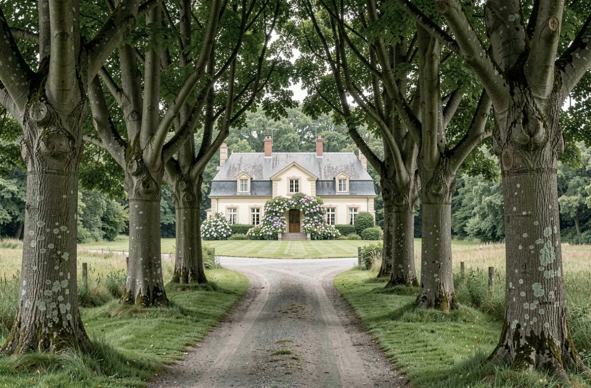 Le manoir en pierre de Manoir de la Guérie niché dans les bois normands du Cotentin, accessible par une allée de châtaigniers