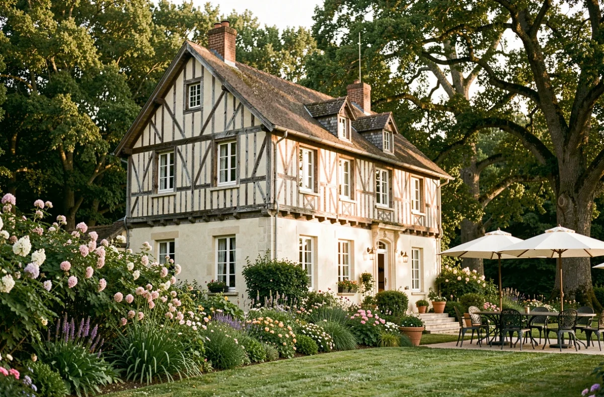 Le manoir à colombages des Manoirs de Tourgéville entouré de jardins fleuris et de vieux chênes en Normandie
