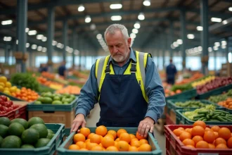 Marchand de Rungis arrangeant des caisses de légumes frais