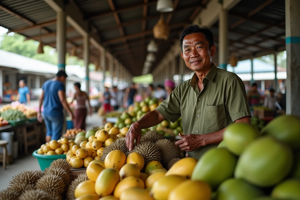 Vendeur de fruits tropicaux sur un marché local animé de Davao à Mindanao, étals colorés de ramboutan et de durian en saison creuse