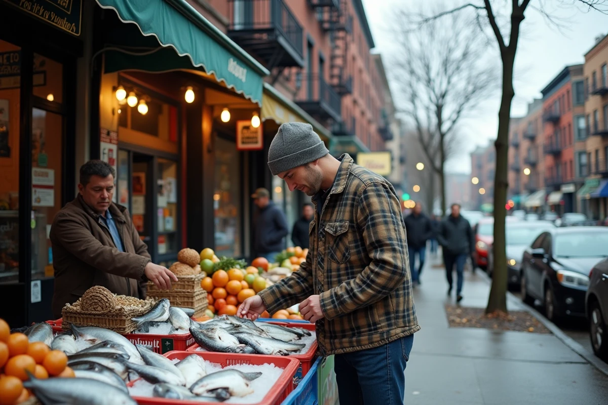 Scène de rue animée dans un quartier résidentiel de Staten Island avec étals de marché local, épiceries indépendantes et habitants du quartier