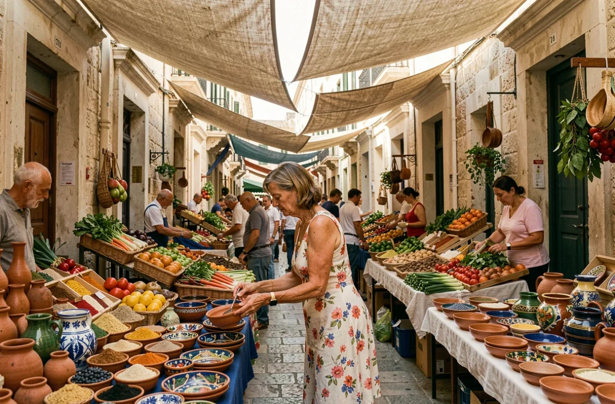 Marché de rue animé à La Valette avec artisanat local et produits frais typiques de Malte