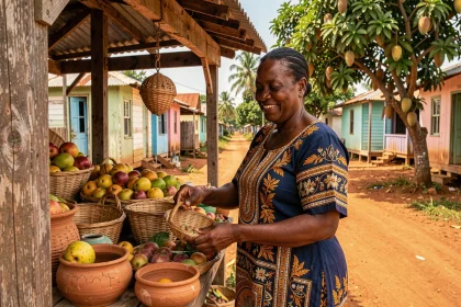 Femme haïtienne en robe brodée devant un étal de marché rural à Ganere, Haiti, entouré de fruits tropicaux et de poteries artisanales