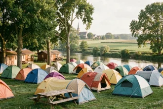 Vue panoramique d'un camping en Seine-et-Marne avec tentes, chalets en bois et rivière dans un cadre verdoyant