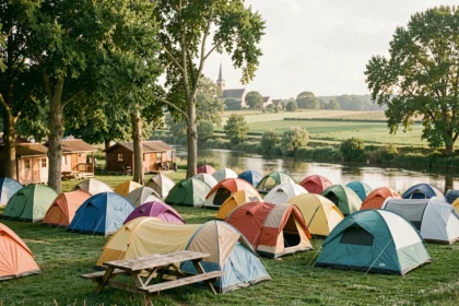 Vue panoramique d'un camping en Seine-et-Marne avec tentes, chalets en bois et rivière dans un cadre verdoyant