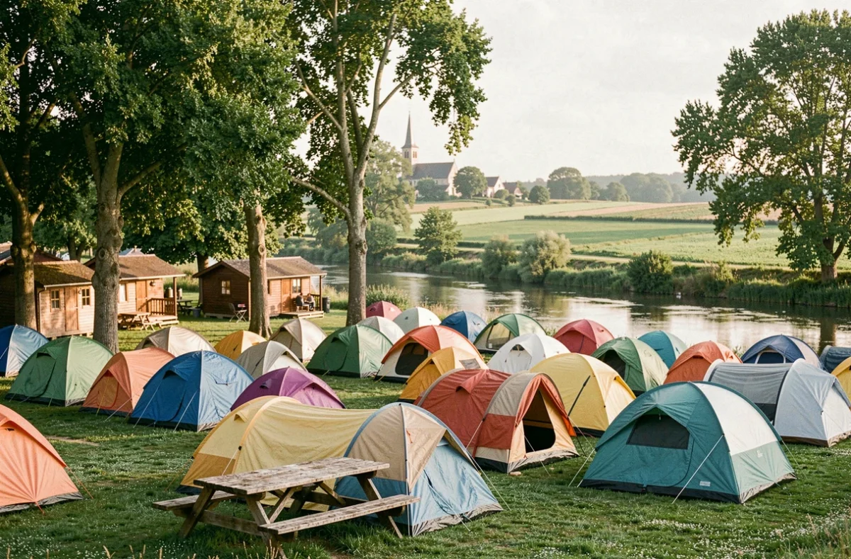 Vue panoramique d'un camping en Seine-et-Marne avec tentes, chalets en bois et rivière dans un cadre verdoyant