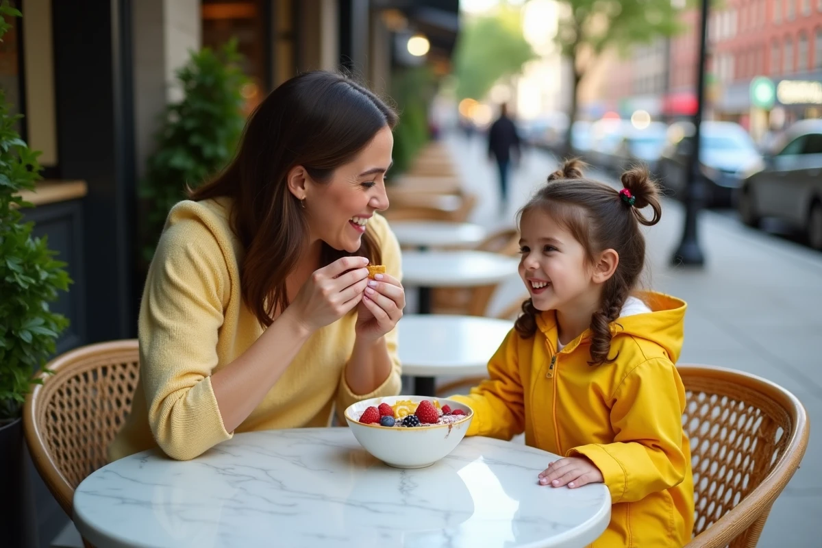 Mère et jeune fille partageant un repas en terrasse dans un café branché de SoHo, New York