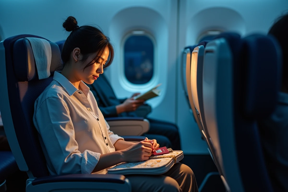 Mère organisée dans un siège d'avion long-courrier pendant un vol Paris-Sydney avec trousse de voyage et passeports