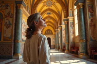 Femme admirant les mosaïques dorées à Monreale