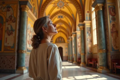 Femme admirant les mosa&iuml;ques dor&eacute;es &agrave; Monreale