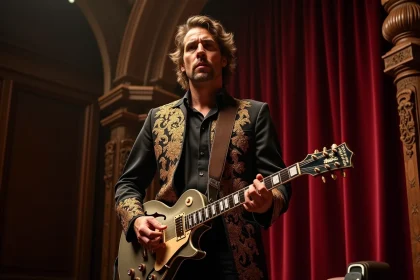 Musicien rock vêtu d'une veste baroque brodée jouant de la guitare électrique devant un décor architectural baroque