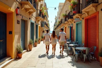 Touristes se promenant dans une ruelle animée de Paceville à Malte en journée, avec des façades colorées de bars et clubs fermés le matin