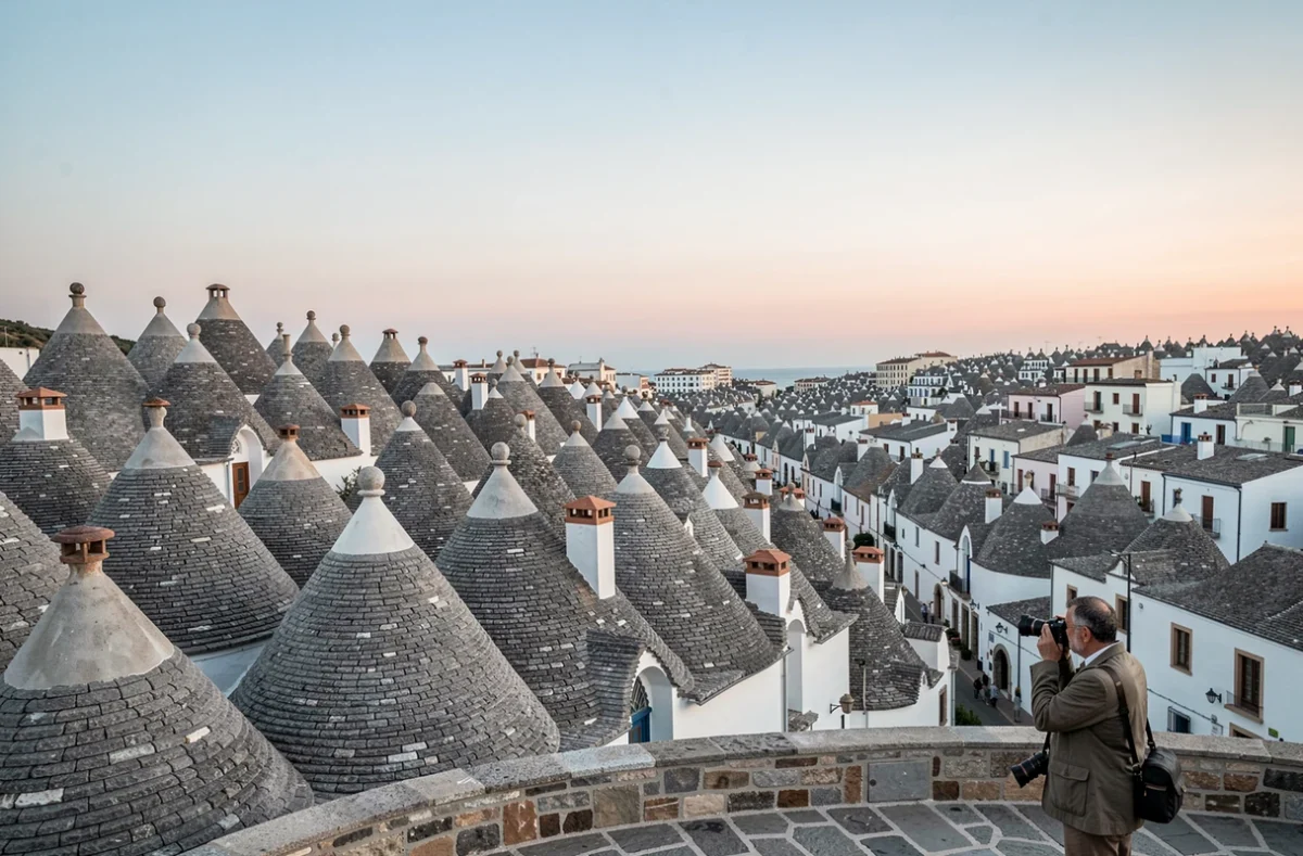 Vue panoramique sur le quartier Rione Monti d'Alberobello et ses toits de trulli au coucher du soleil