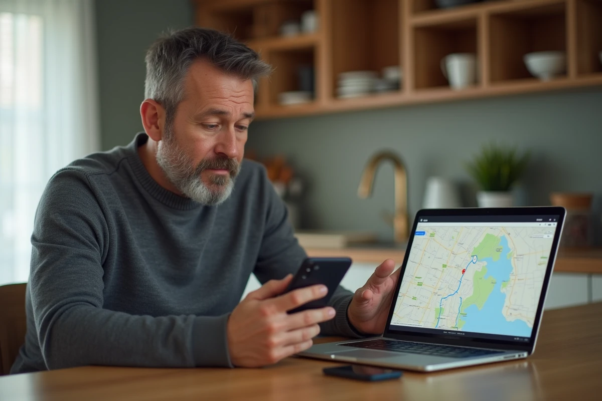 Homme préparant le partage d'un itinéraire Google Maps depuis son domicile