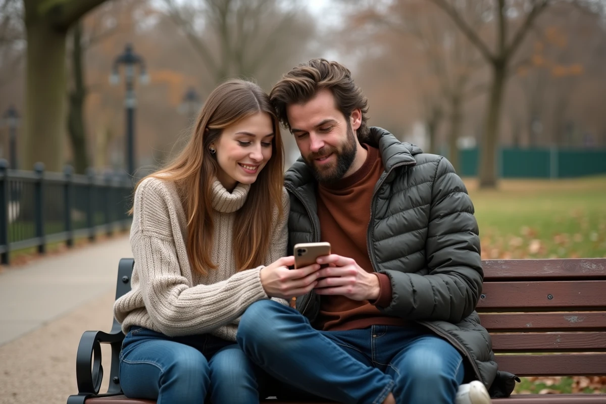 Deux amis partageant un itinéraire de marche sur smartphone dans un parc urbain