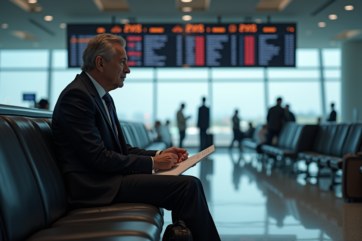 Homme d'affaires fatigué dans un aéroport bondé
