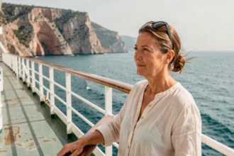 Passagère appuyée au bastingage d'un ferry CTM avec vue sur le littoral méditerranéen