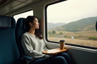 Passagère confortablement installée dans un siège de train Amtrak lors du trajet Los Angeles–San Francisco en Californie