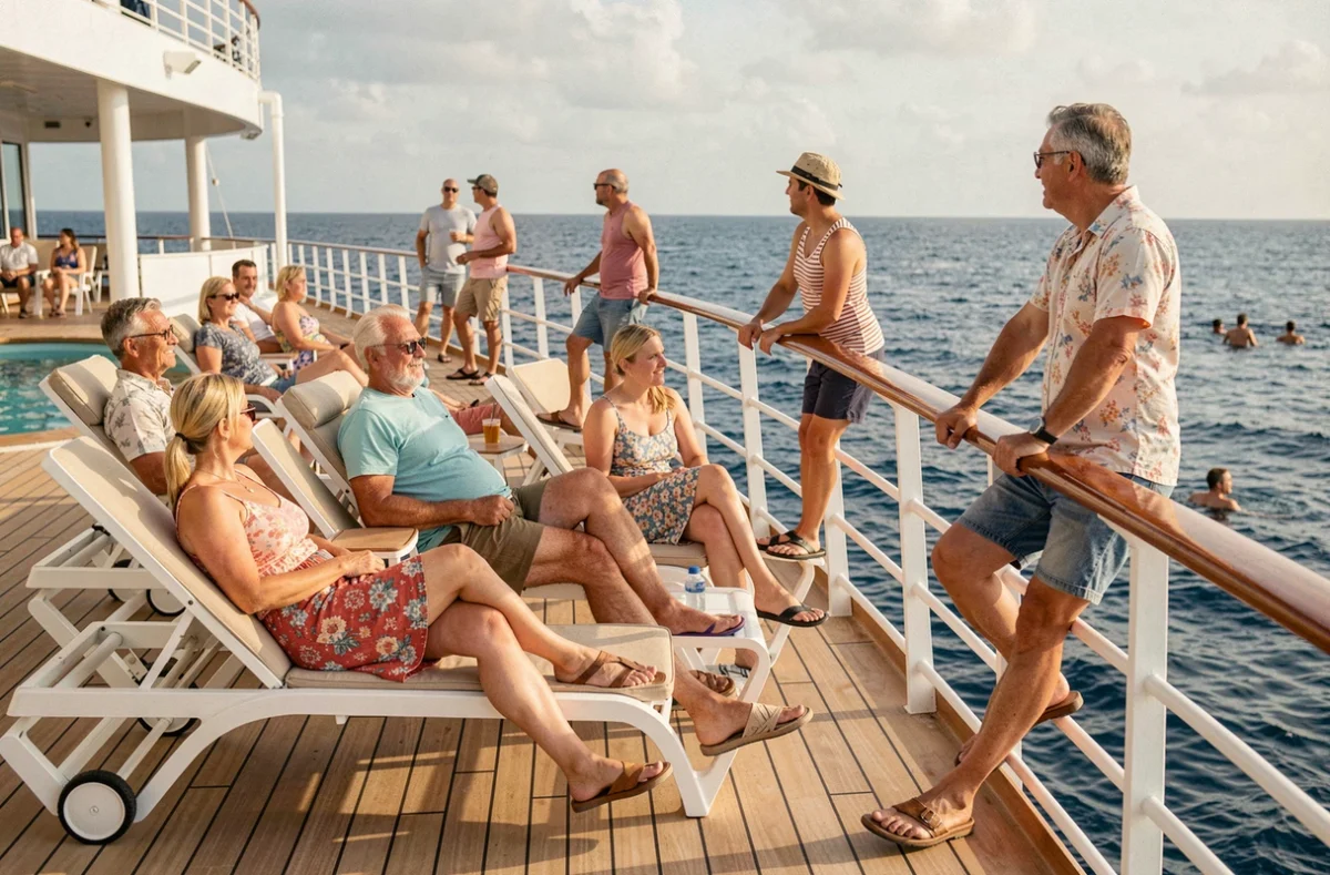 Passagers adultes qui se détendent sur le pont d'un bateau de croisière Carnival en été