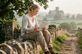 Pèlerine évaluant le temps de marche vers l'abbaye de Valmont avec une feuille de calcul d'itinéraire