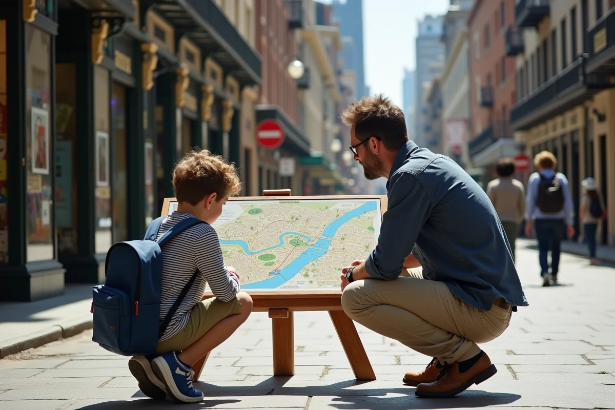 Père et fils consultant un plan du quartier SoHo à New York devant un kiosque d'information touristique