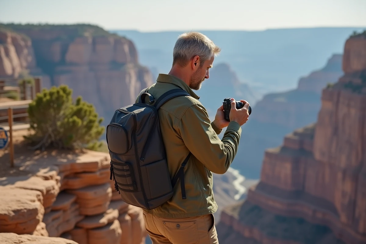 Photographe voyageur au bord du Grand Canyon consultant son appareil photo lors d'un road trip aux États-Unis