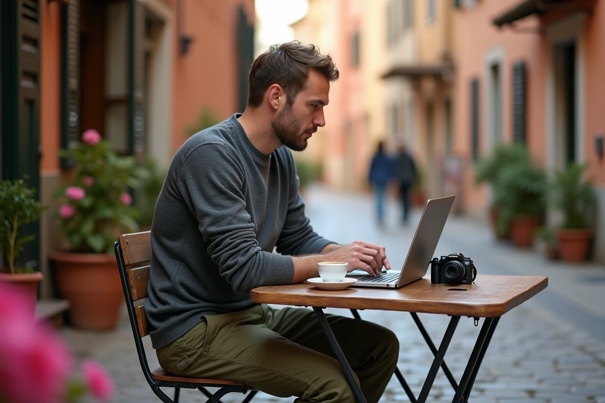 Photographe voyageur révisant ses clichés sur un ordinateur portable dans un café en plein air d'un village méditerranéen