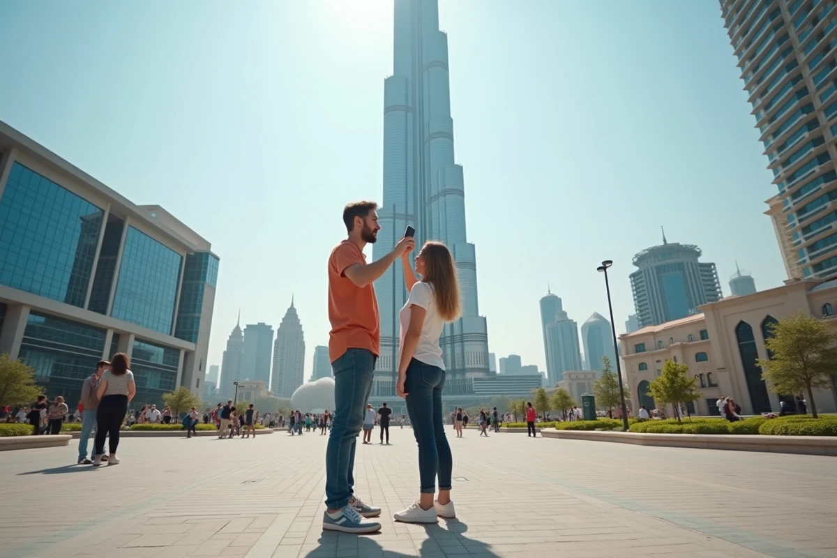 Couple de touristes tentant de photographier le Burj Khalifa en entier depuis la base, erreur de perspective classique