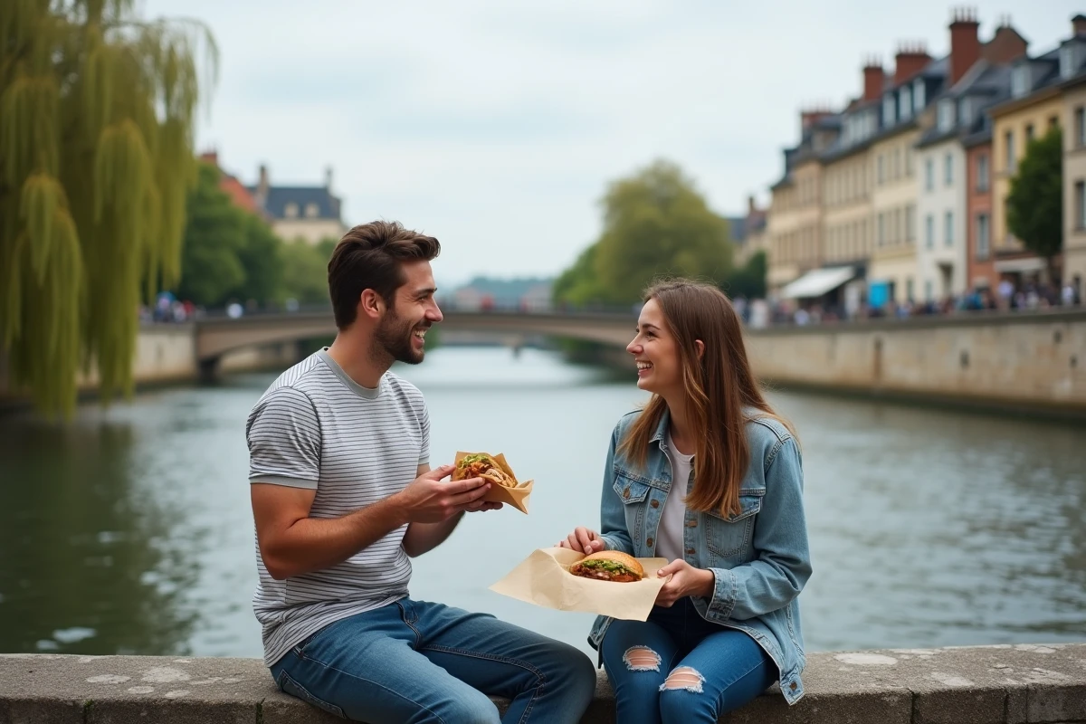Couple pique-niquant au bord de la Sarthe au Mans, promenade gratuite et déjeuner économique