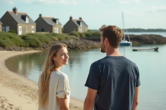 Couple découvrant la plage de Conleau à Vannes avec vue sur l'anse et les voiliers amarrés