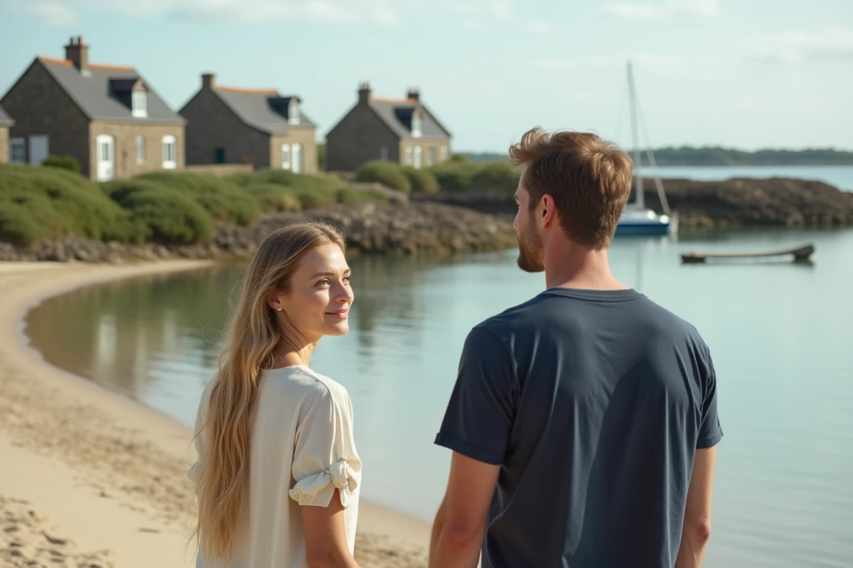 Couple découvrant la plage de Conleau à Vannes avec vue sur l'anse et les voiliers amarrés