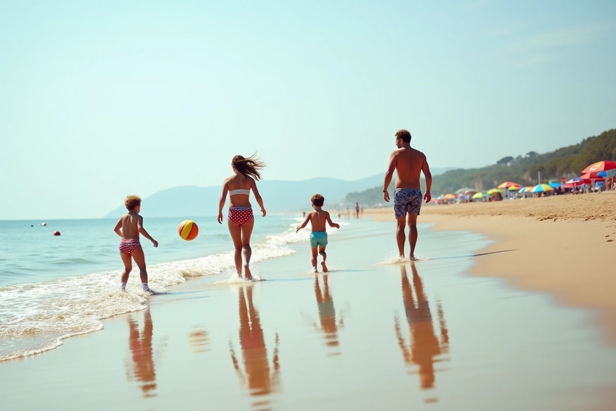 Famille profitant d'une plage de sable à Leucate Village lors d'une journée estivale ensoleillée