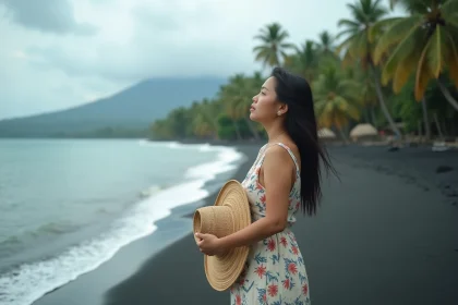 Femme philippine sur une plage de sable noir déserte de Mindanao pendant la basse saison, ciel nuageux et atmosphère tropicale calme