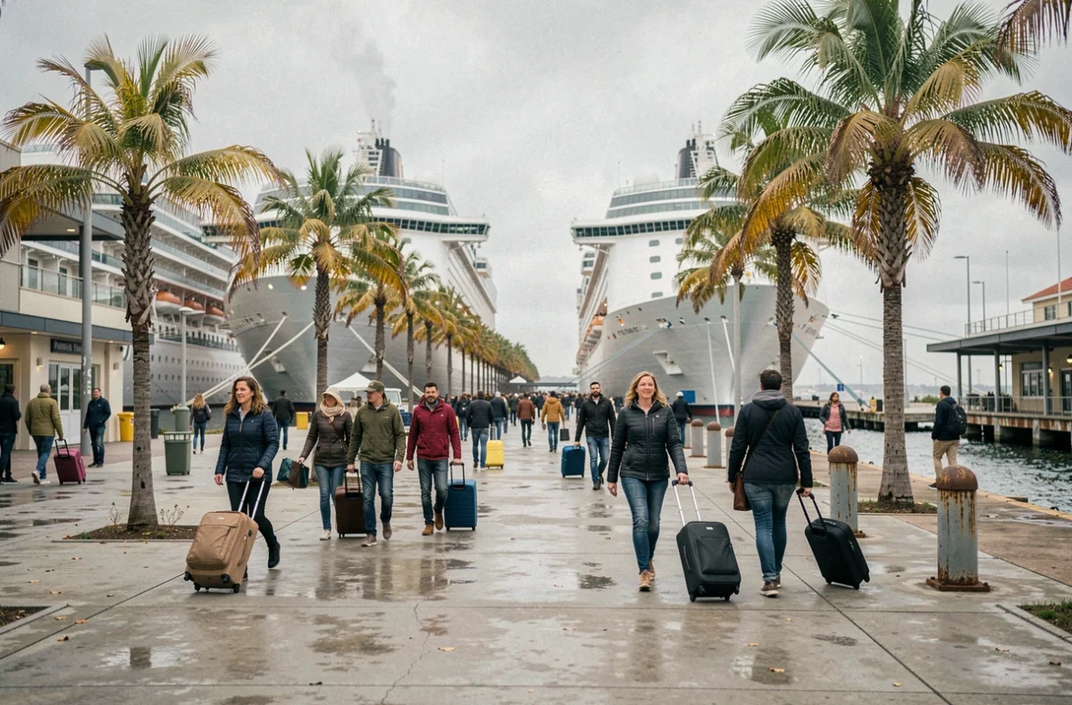 Terminal portuaire animé avec des passagers embarquant sur des navires de croisière en octobre