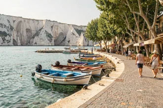 Vue panoramique du port de Cassis avec ses bateaux colorés et les falaises calcaires en arrière-plan lors d'une visite depuis Marseille