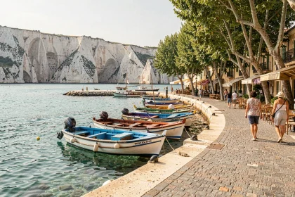 Vue panoramique du port de Cassis avec ses bateaux colorés et les falaises calcaires en arrière-plan lors d'une visite depuis Marseille