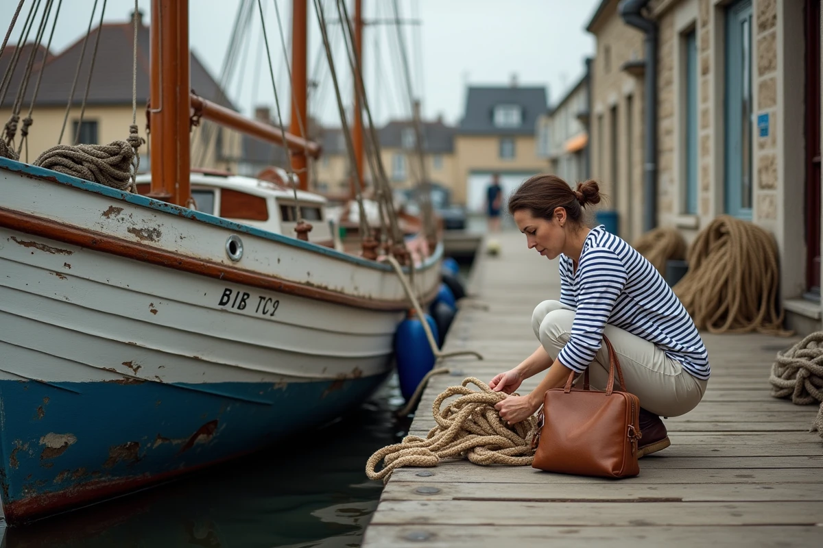 Femme inspectant une corde sur le quai du port de Saint-Valery-sur-Somme, bateau en bois traditionnel amarré en arrière-plan