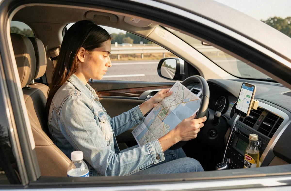 Femme consultant une carte routière et une application de navigation dans son SUV avant un long trajet ViaMichelin