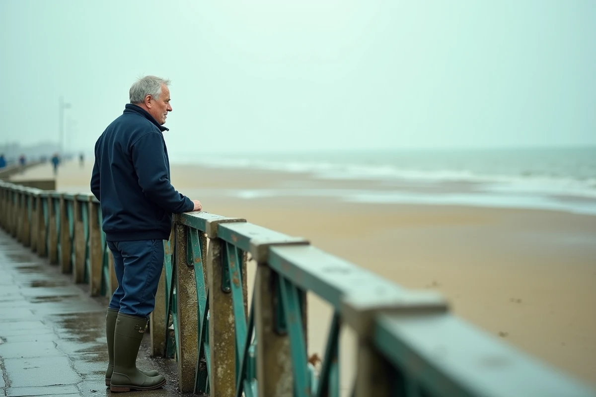 Homme contemplant les vasières de la Baie de Somme depuis la promenade de Saint-Valery-sur-Somme, avec Le Crotoy visible au loin à marée basse