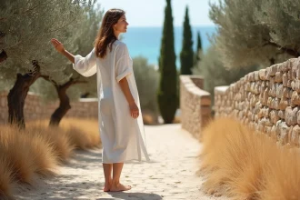 Femme en robe de lin blanc se promenant sur un chemin de pierre entre des oliviers en Crète pendant la basse saison