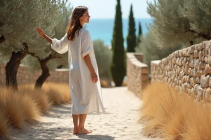 Femme en robe de lin blanc se promenant sur un chemin de pierre entre des oliviers en Crète pendant la basse saison