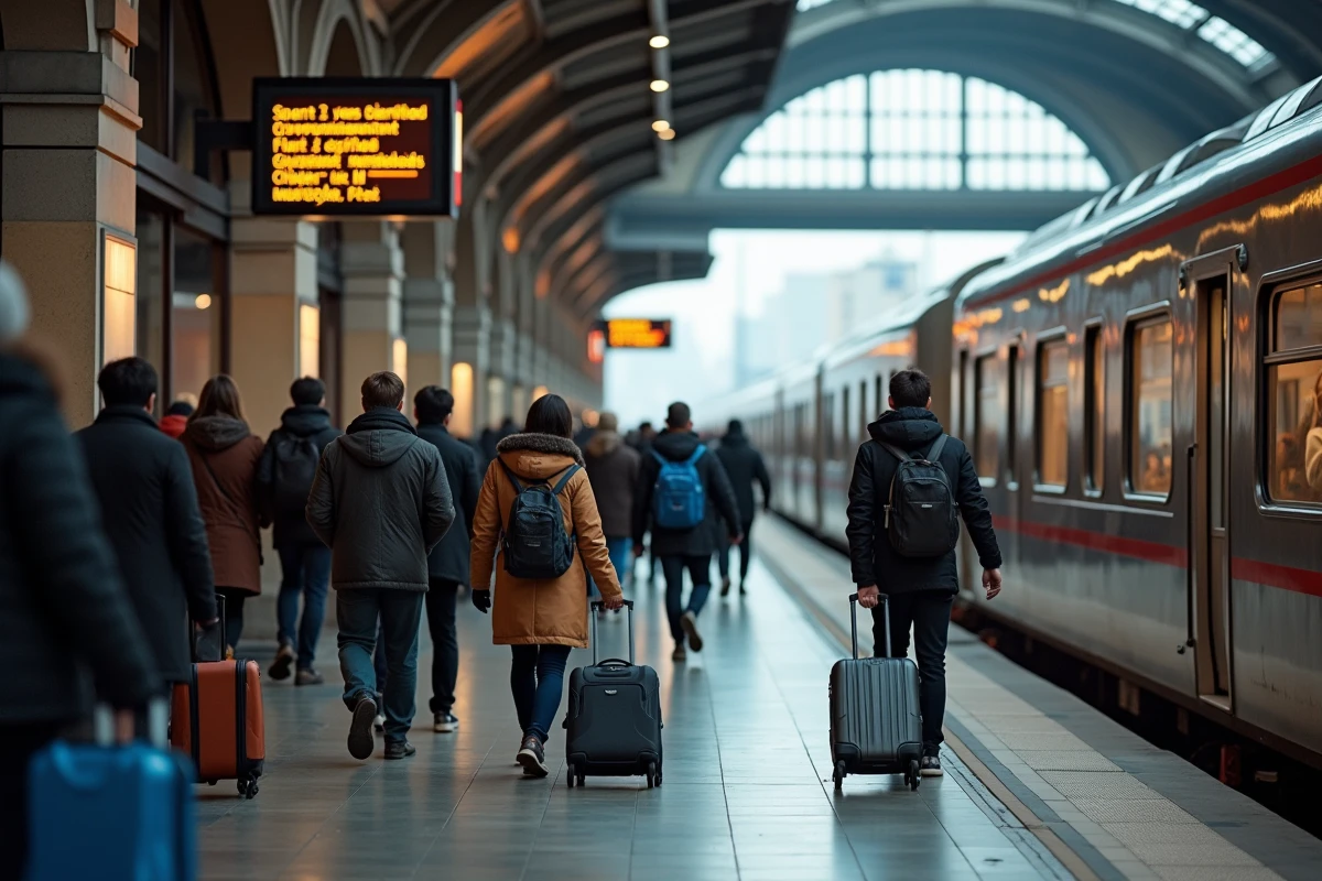 Voyageurs sur le quai de la Gare Centrale de Montréal s'apprêtant à embarquer dans le train Amtrak Adirondack vers New York