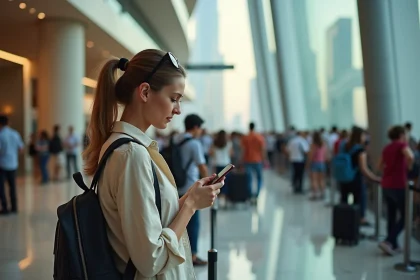 Touriste faisant la queue au Burj Khalifa à Dubaï en consultant son téléphone, erreur courante sans réservation anticipée