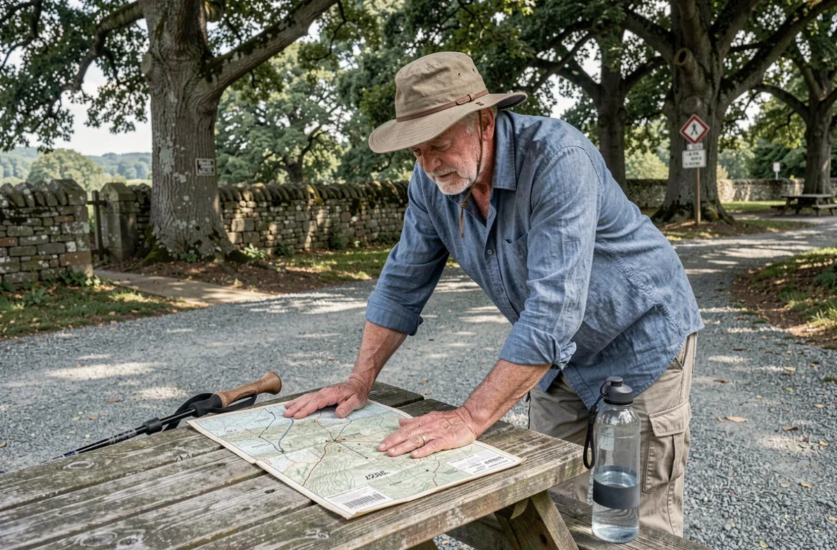 Pèlerin senior analysant une carte topographique pour estimer la fatigue réelle sur le chemin de Compostelle