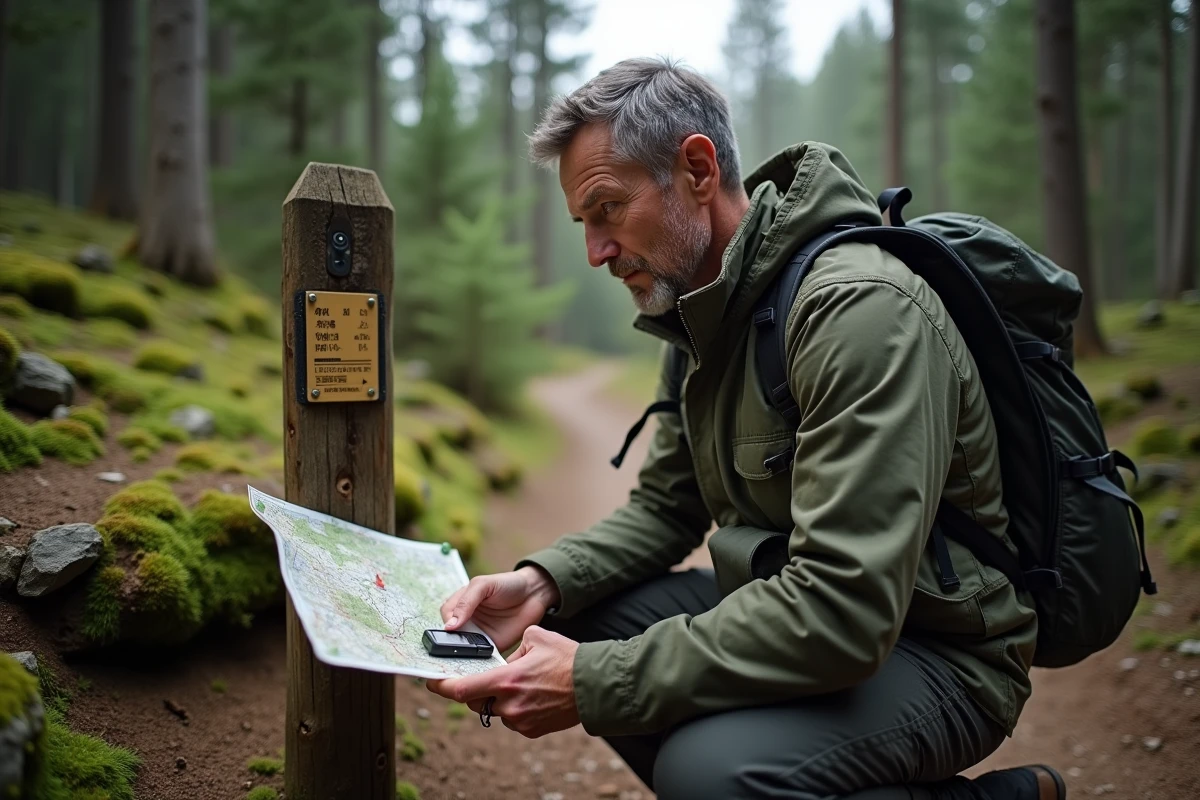 Randonneur comparant carte topographique et GPS sur un sentier forestier pour s'orienter