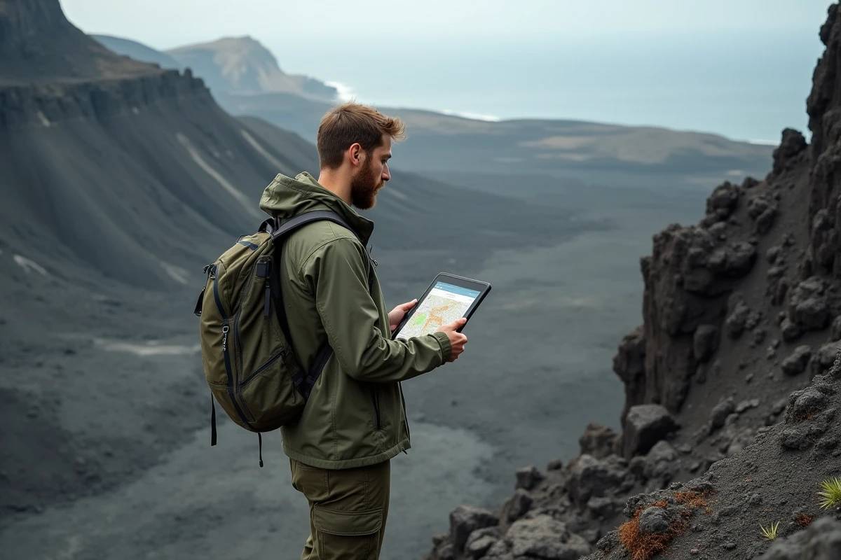 Randonneur utilisant une carte volcanique hors ligne sur tablette dans un paysage de lave en Italie
