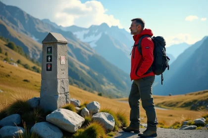 Homme randonneur contemplant le paysage alpin au col du Petit Saint Bernard