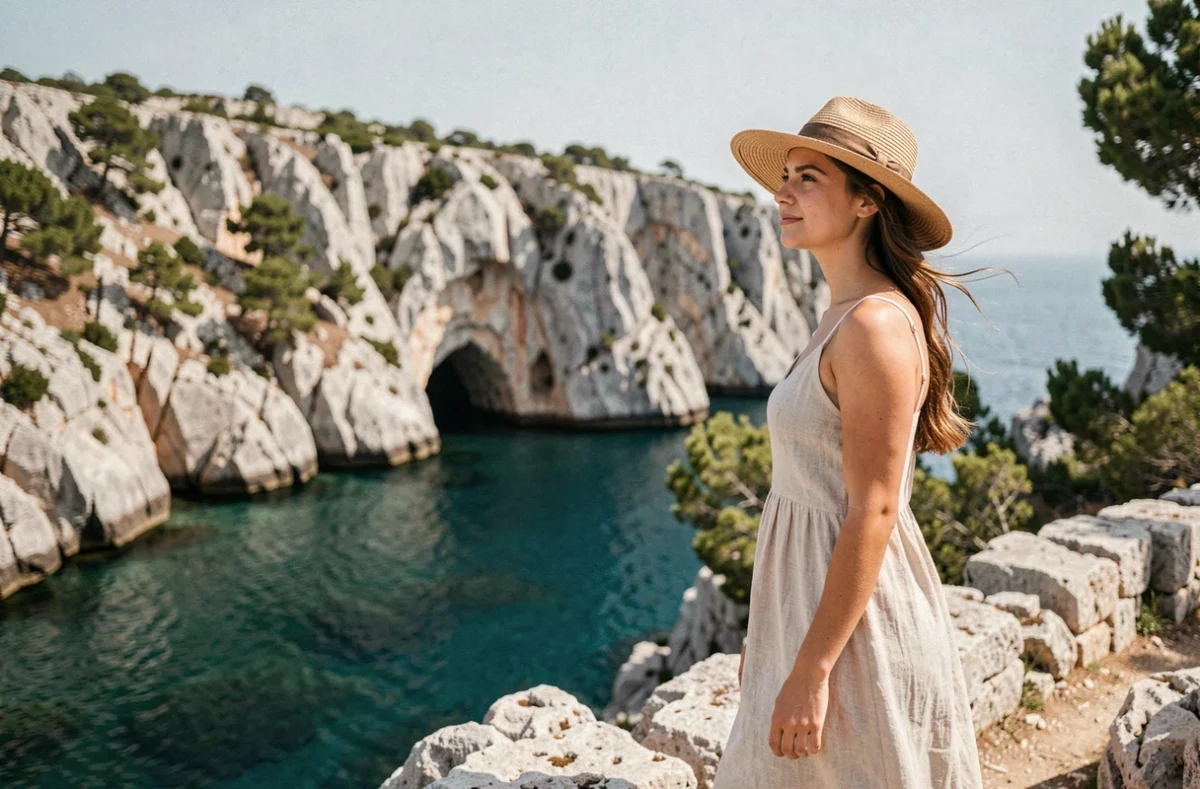 Voyageuse observant les calanques de Cassis depuis un sentier rocheux lors d'une excursion d'une journée depuis Marseille