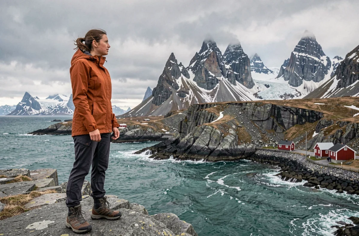 Randonneuse contemplant les îles Lofoten depuis un promontoire rocheux avec chalets de pêcheurs rouges en contrebas
